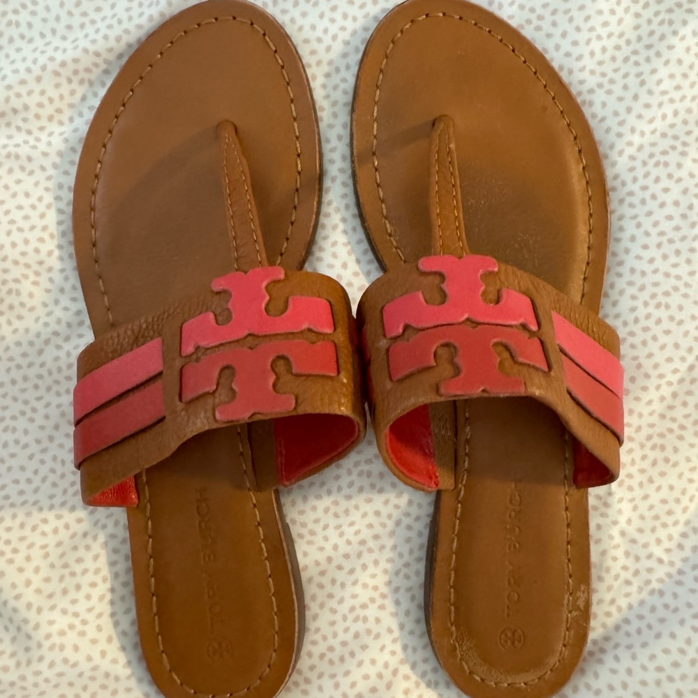 Tory Burch Brown and Pink Sandals with Thong Design